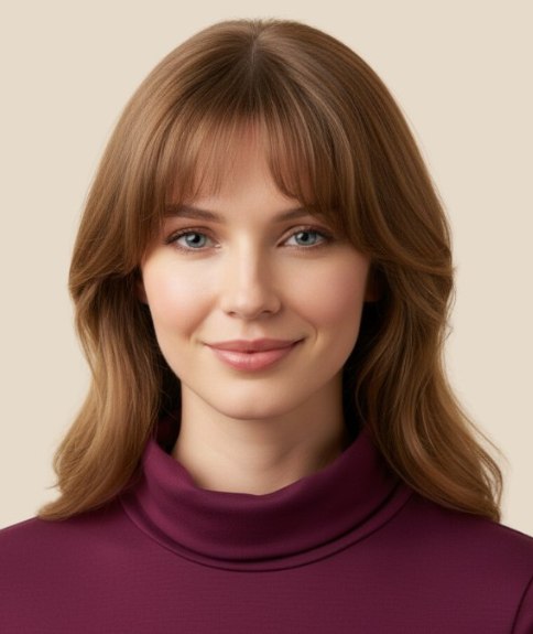 Lang kapsel met een zachte pony met gordijneffect