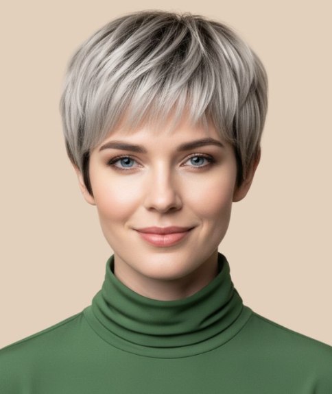 Kort kapsel voor grijs haar, met een onregelmatige pony