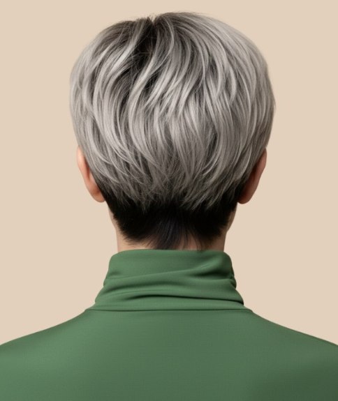 Modieus kort grijs haar met een koele zilvertint - Achteraanzicht