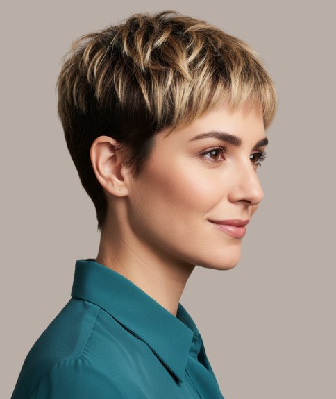 Mooi kort kapsel met een taps toelopende vorm - Zijaanzicht