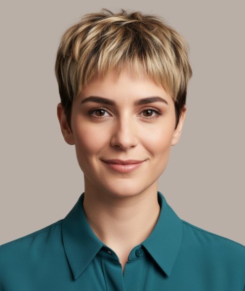 Kort haar met onregelmatige lagen en een pony