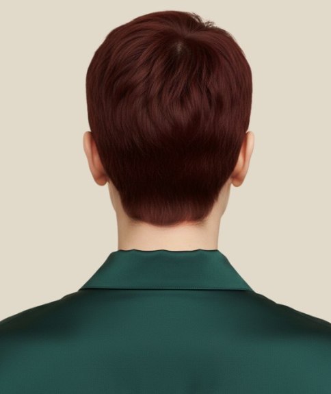 Erg kort dameskapsel met een mahoniebruine tint - Achteraanzicht