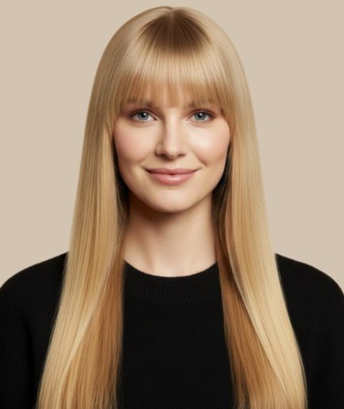 Lang blond haar tot halverwege de rug, met een opvallende pony