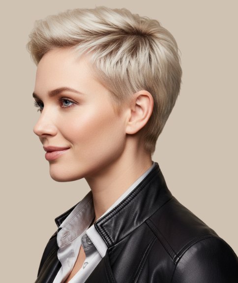 Edgy korte haarsnit met een diepe zijscheiding - Zijaanzicht