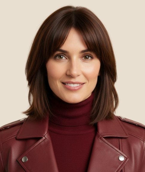 Haar op schouderlengte, met een gordijnpony