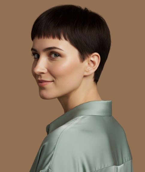 Kort pixie kapsel met een korte pony