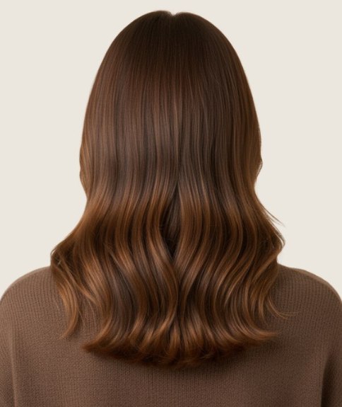 Lang, meerkleurig bruin haar met een balayage - Achteraanzicht