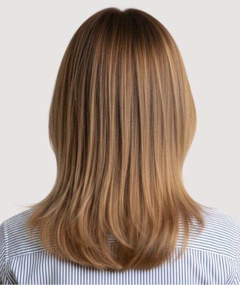 Lang, honingblond haar met een schaduw aan de wortels - Achteraanzicht