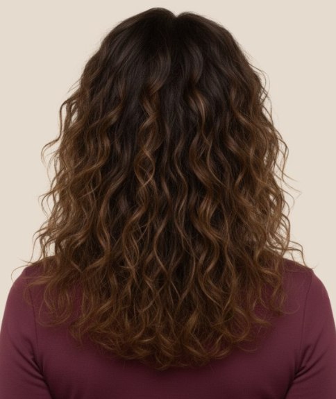 Lang bruin haar met balayage en een krulpatroon - Achteraanzicht