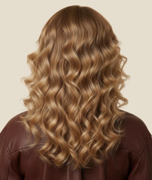 Lang blond krullende haar met verschillende schakeringen - Achteraanzicht