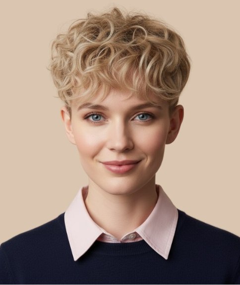 Vrouwelijk zeer kort geknipt haar met krullen