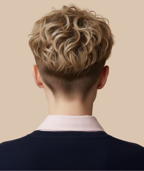 Korte damescoupe met huidkort haar bij de nek - Achteraanzicht