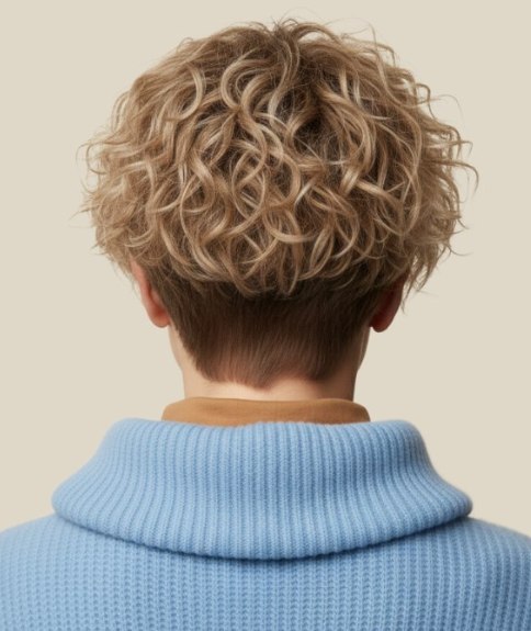 Kort blond haar met donkere wortels en krullen - Achteraanzicht