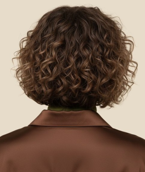 Krullend haar met een mix van bruine tinten - Achteraanzicht