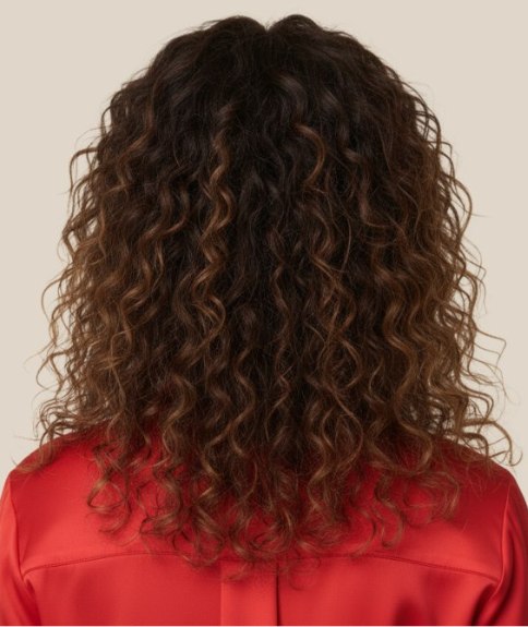 Krullend lang bruin haar met highlights - Achteraanzicht