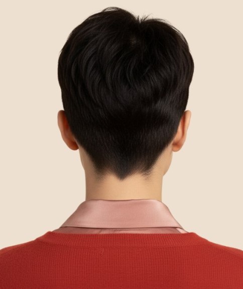 Kort zwart haar met koele ondertonen - Achteraanzicht