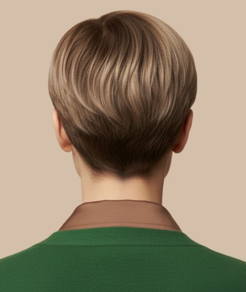 Kort asbruin haar met koelblonde highlights - Achteraanzicht