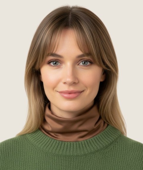 Lang steil kapsel met een middenscheiding en gecombineerd met een zijden coltrui