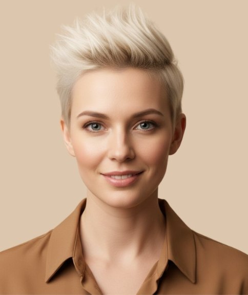 Korte damescoupe met het bovenhaar omhoog gestyled