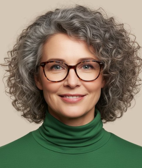 Grijs haar in een krullende bob tot halfweg de nek