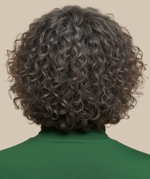 Grijs krullend haar, in een bob geknipt  - Achteraanzicht