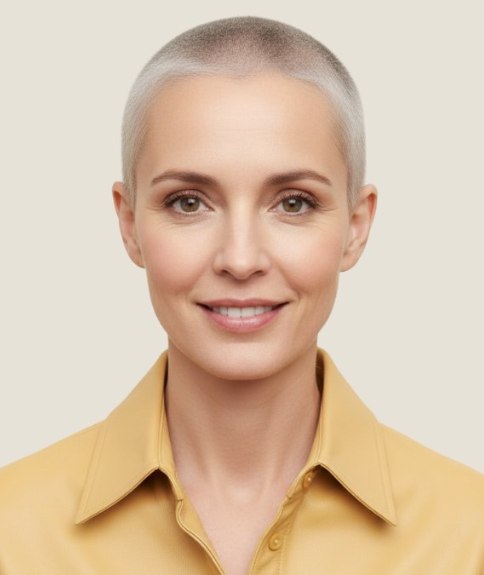 Ultrakort dameskapsel met het haar zeer kort tegen het hoofd opgeschoren