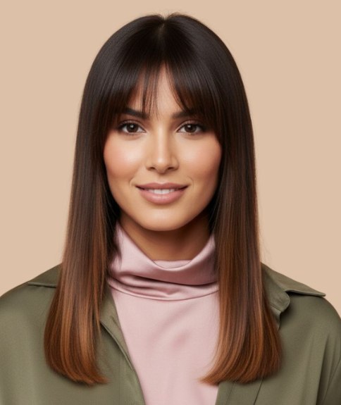 Lang steil haar dat soepel valt en een pony met een buiging