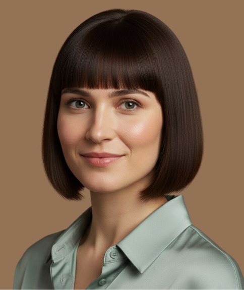 Steile bob met scherpe randen en een pony