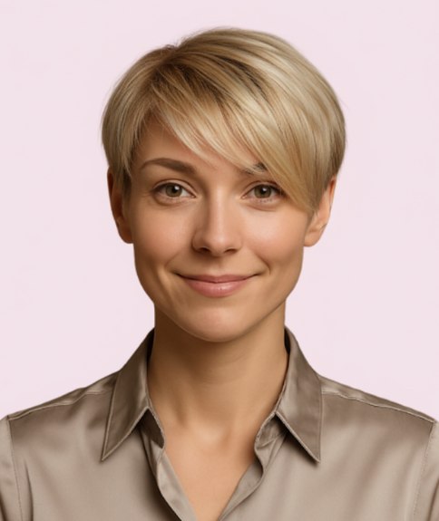 Strakke blonde pixie coupe die mooi rond het hoofd valt
