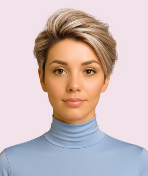 Pittige asymmetrische pixie voor meerkleurig blond haar