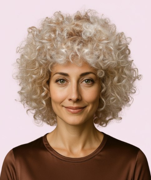 Blond krullend haar dat het gezicht omlijst