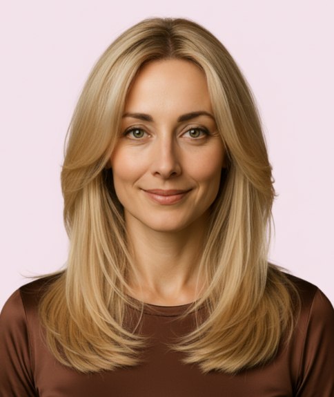 Klassiek lang blond haar tot onder de schouders
