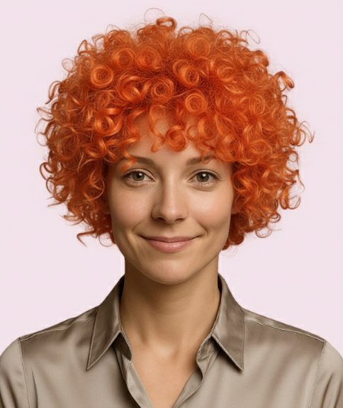 Kort kapsel met koperkleurige krullen die het gezicht omlijsten