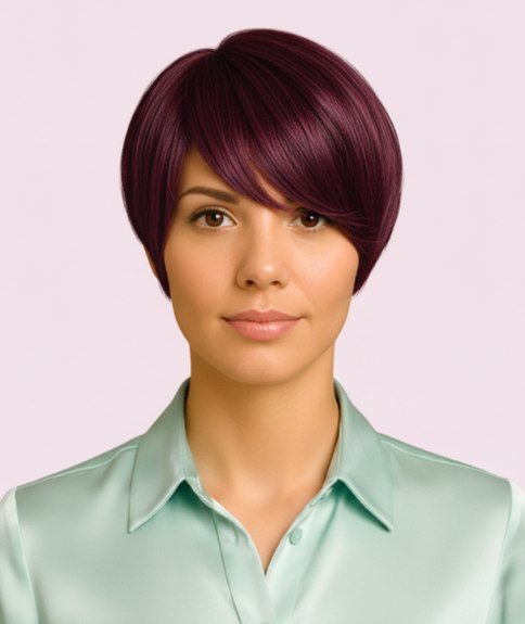 Bowl cut kapsel in warme bordeauxkleur