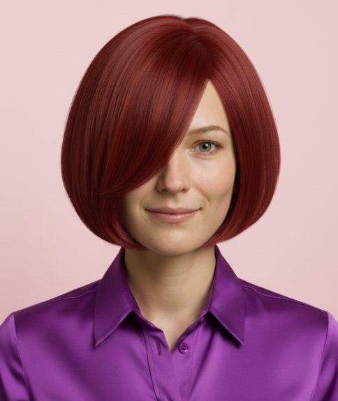 Gladde asymmetrische bob met zijwaartse pony in kastanjebruin