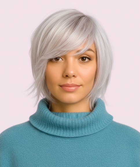 Shag snit met zachte lagen voor platina blond haar
