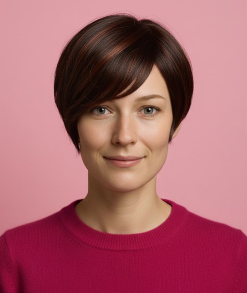 Pixie cut kapsel met een schuine pony die het gezicht omlijst