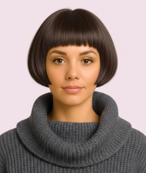 Geometrische bob tot aan de wangen en met een pony