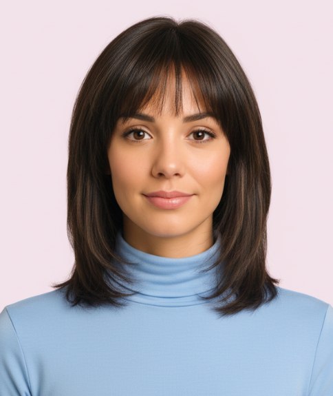 Schouderlange shag haarsnit met lagen vanaf de jukbeenderen