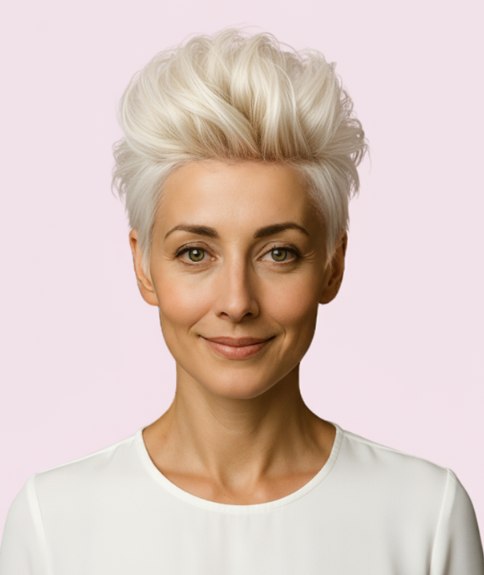 Platina blonde pixie cut met naar achter gestyled haar