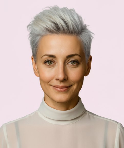 Vrouwelijke korte snit voor grijs zout en peper haar