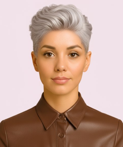 Korte haarsnit met geschoren zijkanten en volumineuze golven bovenop