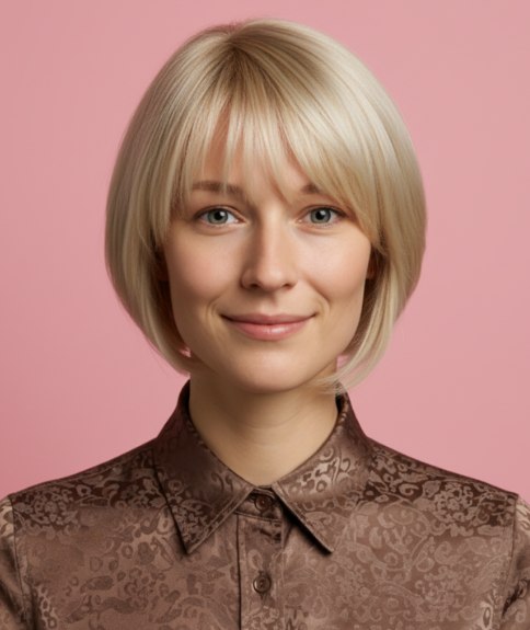 Blonde bob onder de kaak, met een pony en afgeronde knipvorm