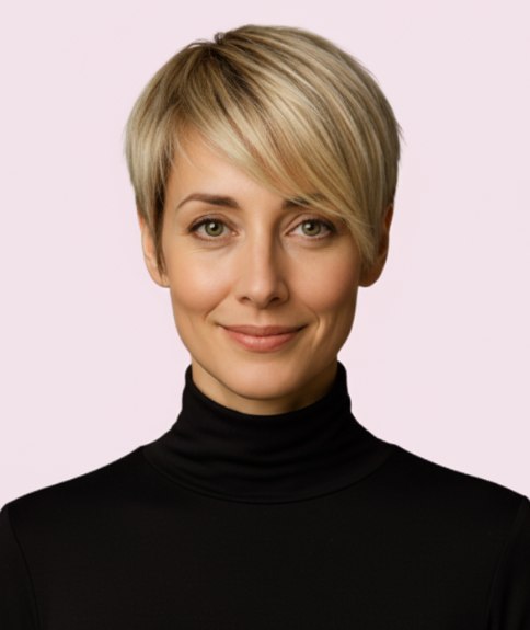 Prachtig kort blond kapsel met een pony