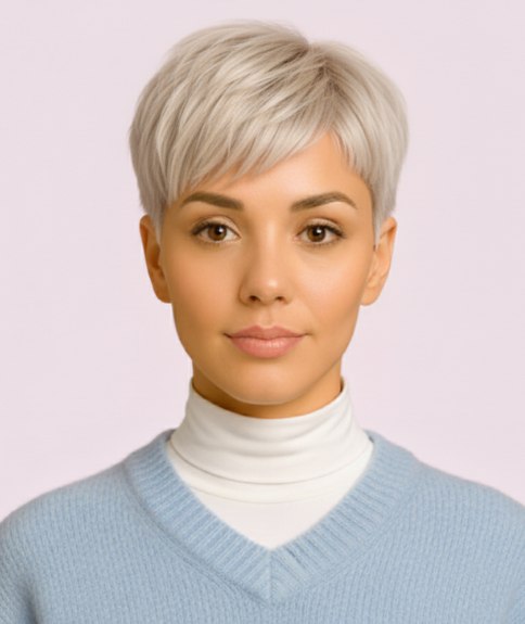 Platinablonde korte snit met lagen die over het voorhoofd vallen