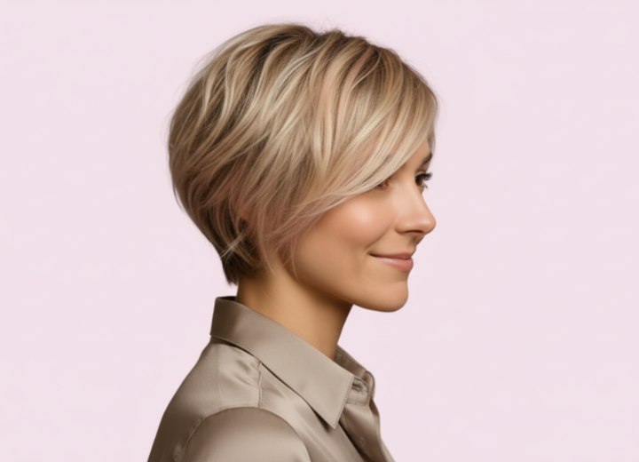 Korte blonde bob met laagjes – Zijaanzicht