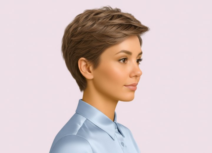Kort pixie kapsel met textuur – Zijaanzicht