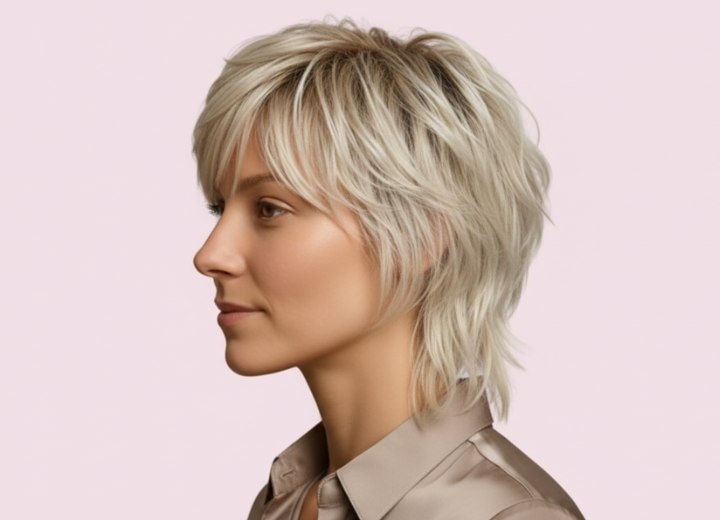 Blond halflang haar met laagjes – Zijaanzicht