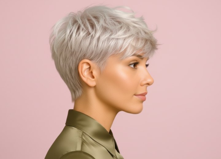 Kort platinablond haar met een geleefde look – Zijaanzicht