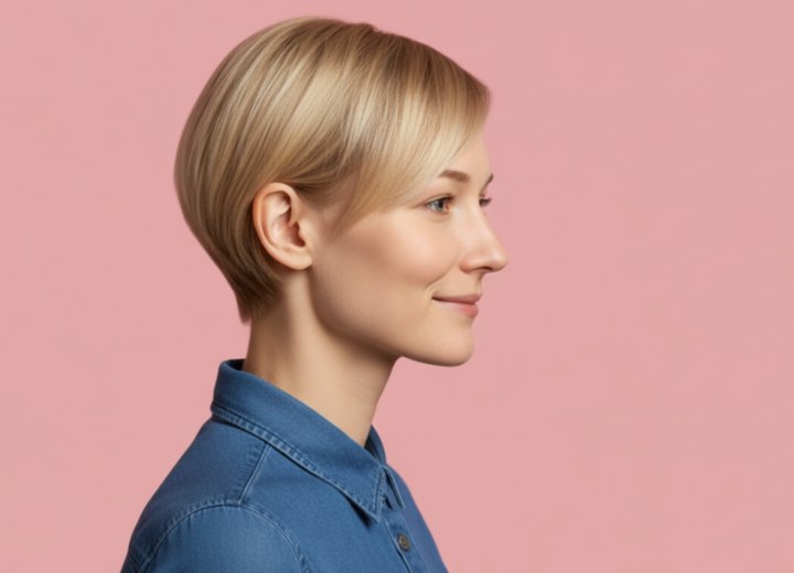 Kort kapsel met zijscheiding voor steil haar – Zijaanzicht